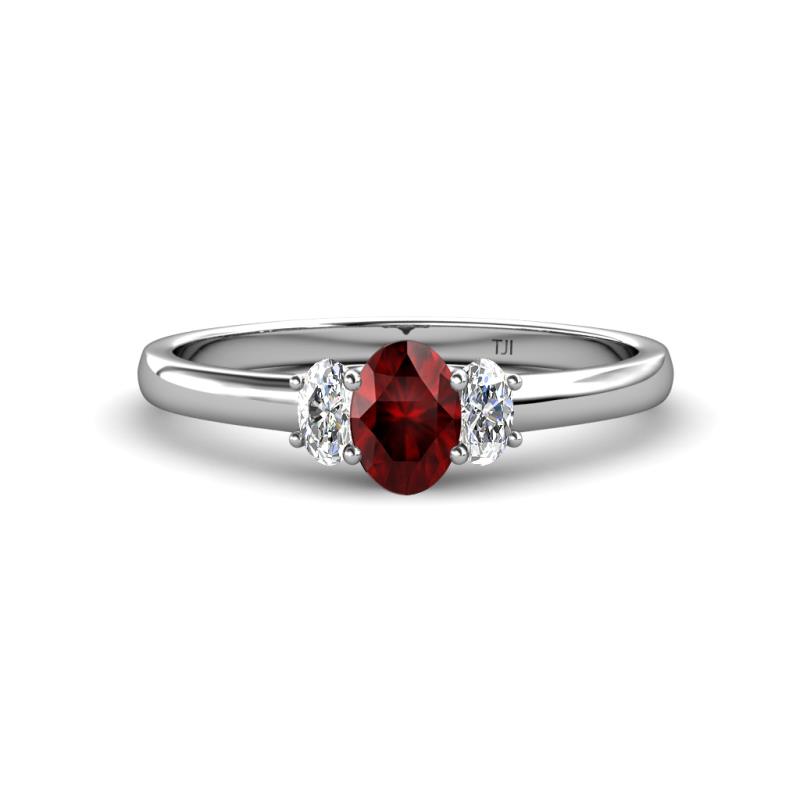 Gemma 7x5 mm Oval Cut Red Garnet and Diamond Trellis Three Stone Engagement Ring 