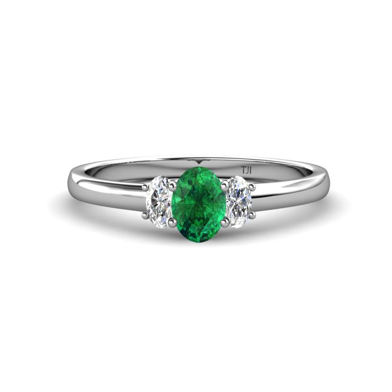 Gemma 7x5 mm Oval Cut Emerald and Diamond Trellis Three Stone Engagement Ring 