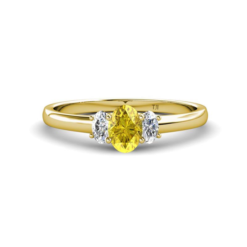 Gemma 7x5 mm Oval Cut Yellow Sapphire and Diamond Trellis Three Stone Engagement Ring 