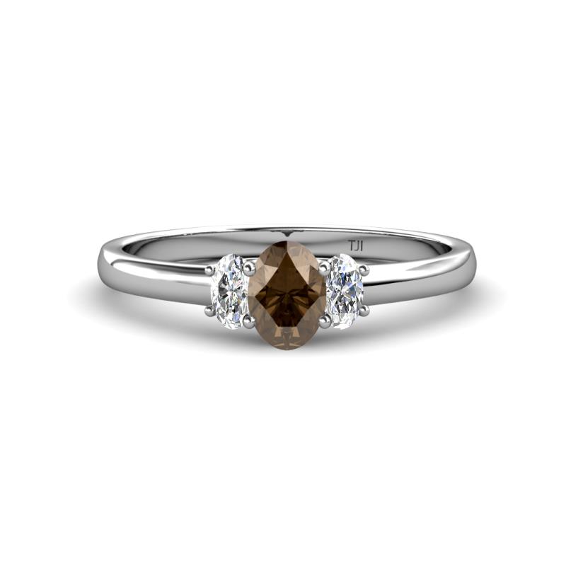 Gemma 7x5 mm Oval Cut Smoky Quartz and Diamond Trellis Three Stone Engagement Ring 