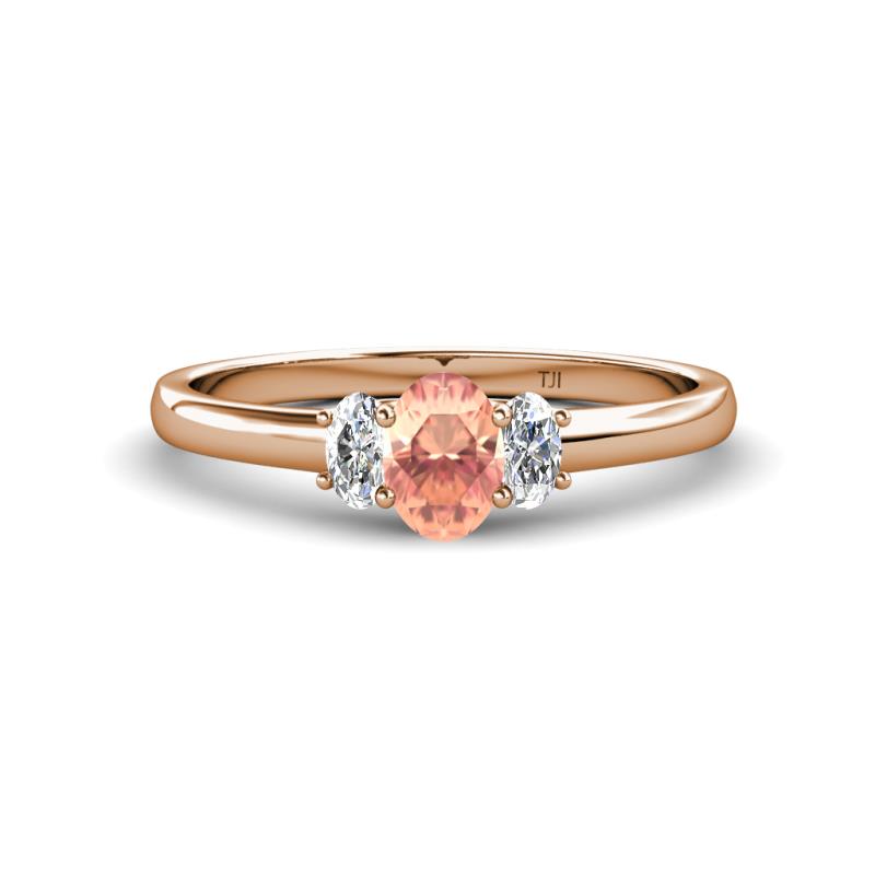 Gemma 7x5 mm Oval Cut Morganite and Diamond Trellis Three Stone Engagement Ring 