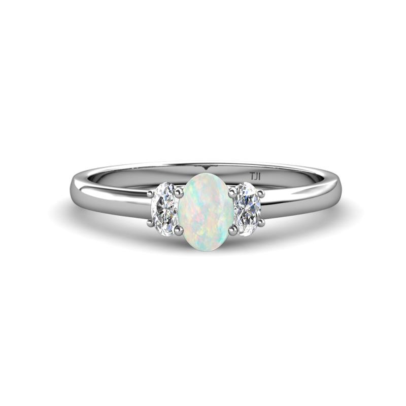 Gemma 7x5 mm Oval Cut Opal and Diamond Trellis Three Stone Engagement Ring 