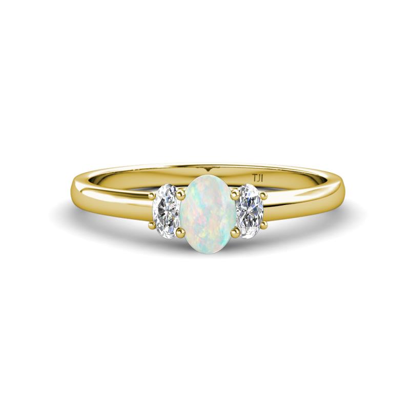 Gemma 7x5 mm Oval Cut Opal and Diamond Trellis Three Stone Engagement Ring 
