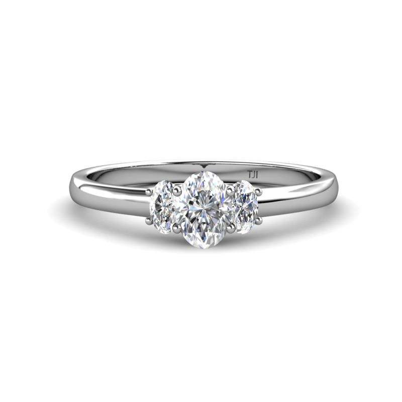 Gemma 7x5 mm Oval Cut Diamond Trellis Three Stone Engagement Ring 
