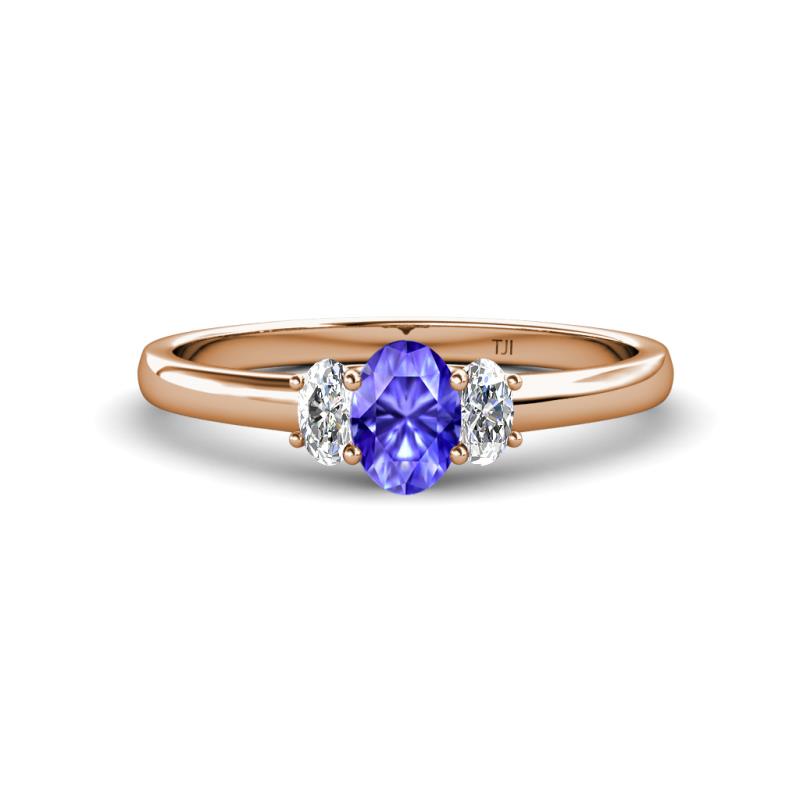 Gemma 7x5 mm Oval Cut Tanzanite and Diamond Trellis Three Stone Engagement Ring 