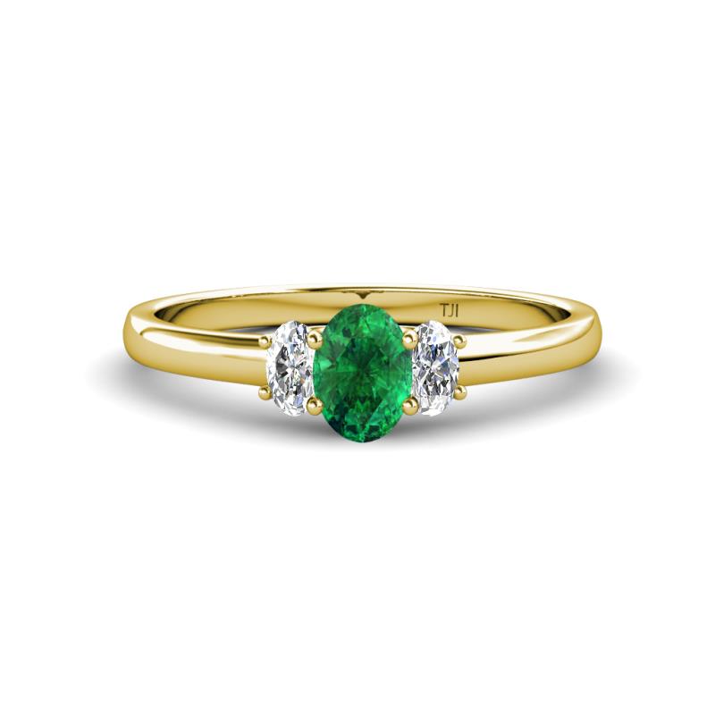 Gemma 7x5 mm Oval Cut Emerald and Diamond Trellis Three Stone Engagement Ring 