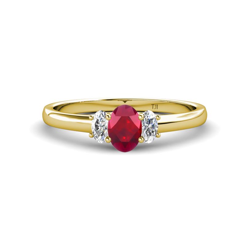 Gemma 7x5 mm Oval Cut Ruby and Diamond Trellis Three Stone Engagement Ring 