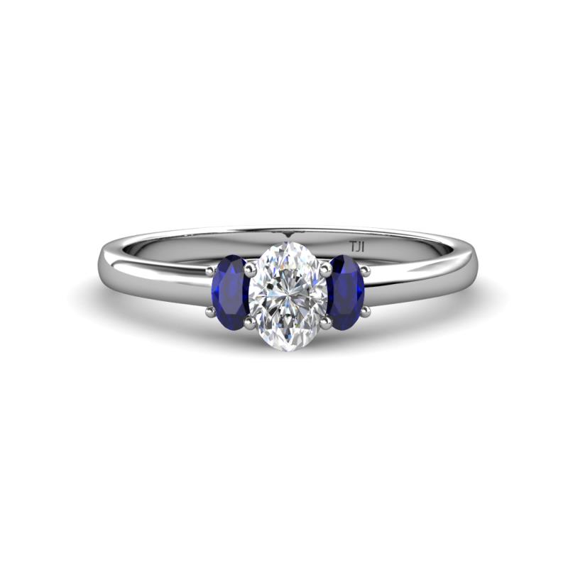 Gemma 1.41 ctw GIA Certified Natural Diamond Oval Cut (7x5 mm) and Blue Sapphire Trellis Three Stone Engagement Ring 