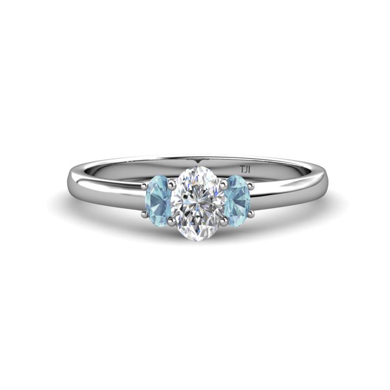 Gemma 1.19 ctw GIA Certified Natural Diamond Oval Cut (7x5 mm) and Aquamarine Trellis Three Stone Engagement Ring 