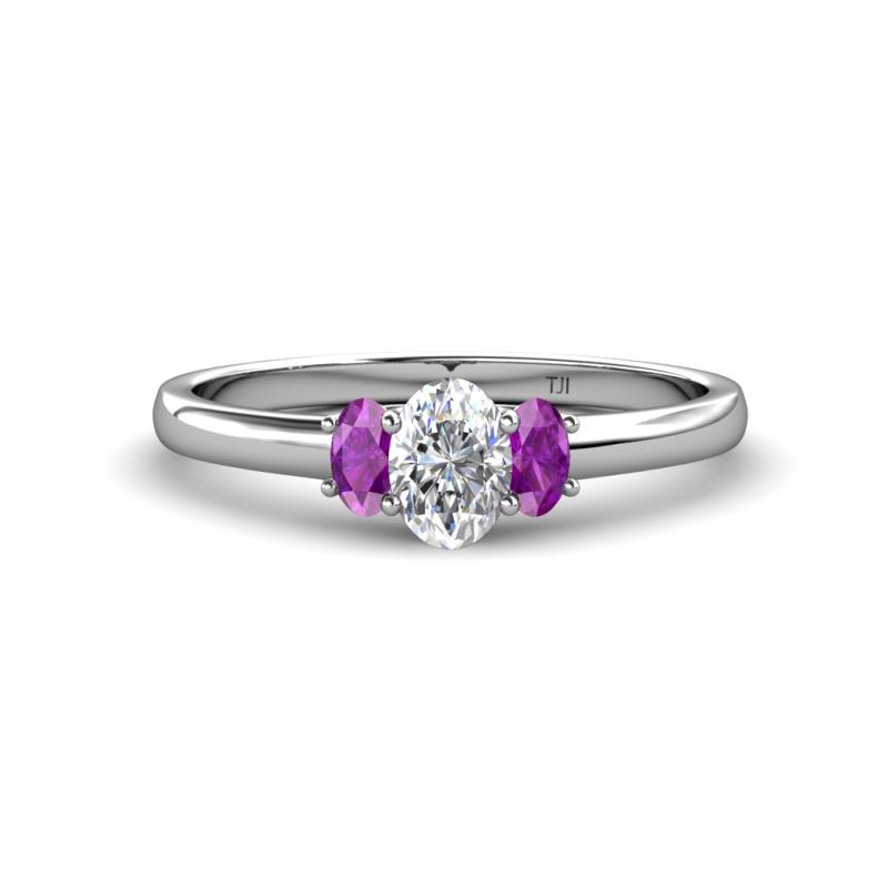 Gemma 1.19 ctw GIA Certified Natural Diamond Oval Cut (7x5 mm) and Amethyst Trellis Three Stone Engagement Ring 