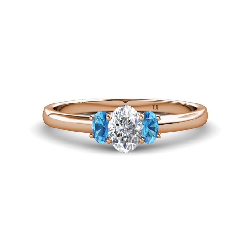 Gemma 1.35 ctw GIA Certified Natural Diamond Oval Cut (7x5 mm) and Blue Topaz Trellis Three Stone Engagement Ring 