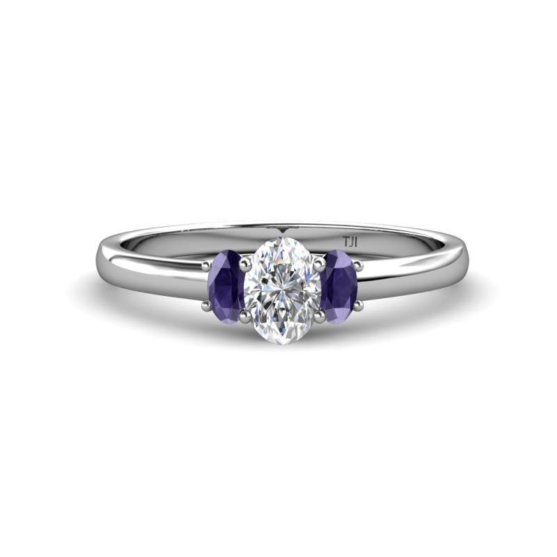 Gemma 1.19 ctw GIA Certified Natural Diamond Oval Cut (7x5 mm) and Iolite Trellis Three Stone Engagement Ring 