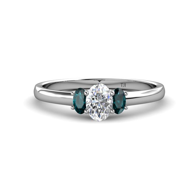 Gemma 1.35 ctw GIA Certified Natural Diamond Oval Cut (7x5 mm) and London Blue Topaz Trellis Three Stone Engagement Ring 