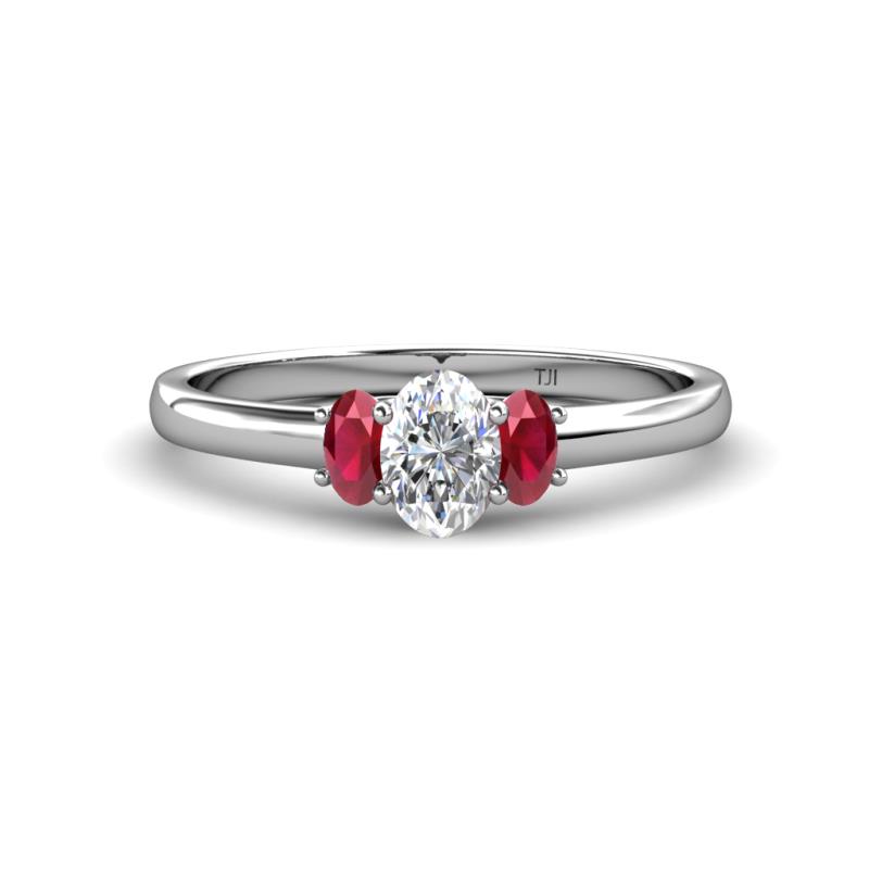 Gemma 1.35 ctw GIA Certified Natural Diamond Oval Cut (7x5 mm) and Ruby Trellis Three Stone Engagement Ring 