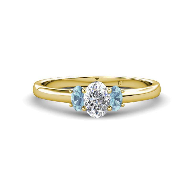 Gemma 1.19 ctw GIA Certified Natural Diamond Oval Cut (7x5 mm) and Aquamarine Trellis Three Stone Engagement Ring 