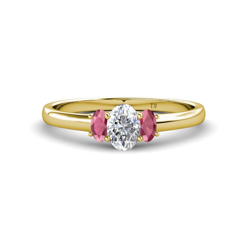 Gemma 1.41 ctw GIA Certified Natural Diamond Oval Cut (7x5 mm) and Rhodolite Garnet Trellis Three Stone Engagement Ring 