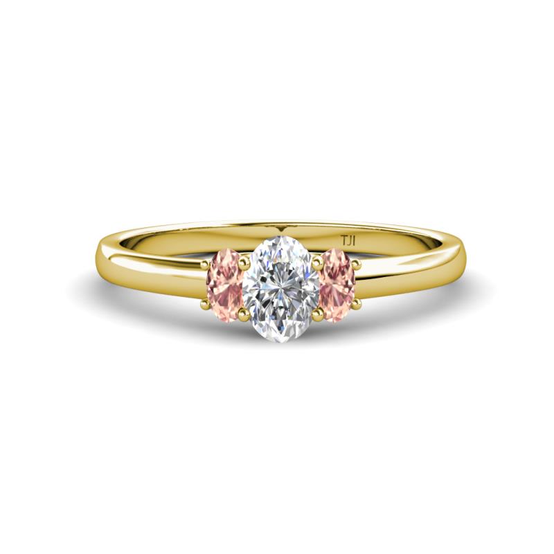 Gemma 7x5 mm Oval Cut Lab Grown Diamond and Morganite Trellis Three Stone Engagement Ring 