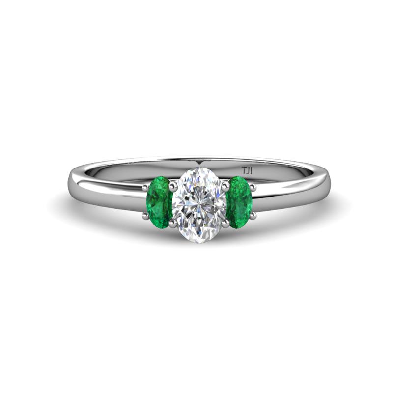 Gemma 7x5 mm Oval Cut Lab Grown Diamond and Emerald Trellis Three Stone Engagement Ring 