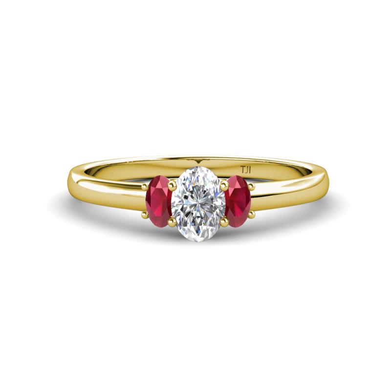 Gemma 7x5 mm Oval Cut Lab Grown Diamond and Ruby Trellis Three Stone Engagement Ring 