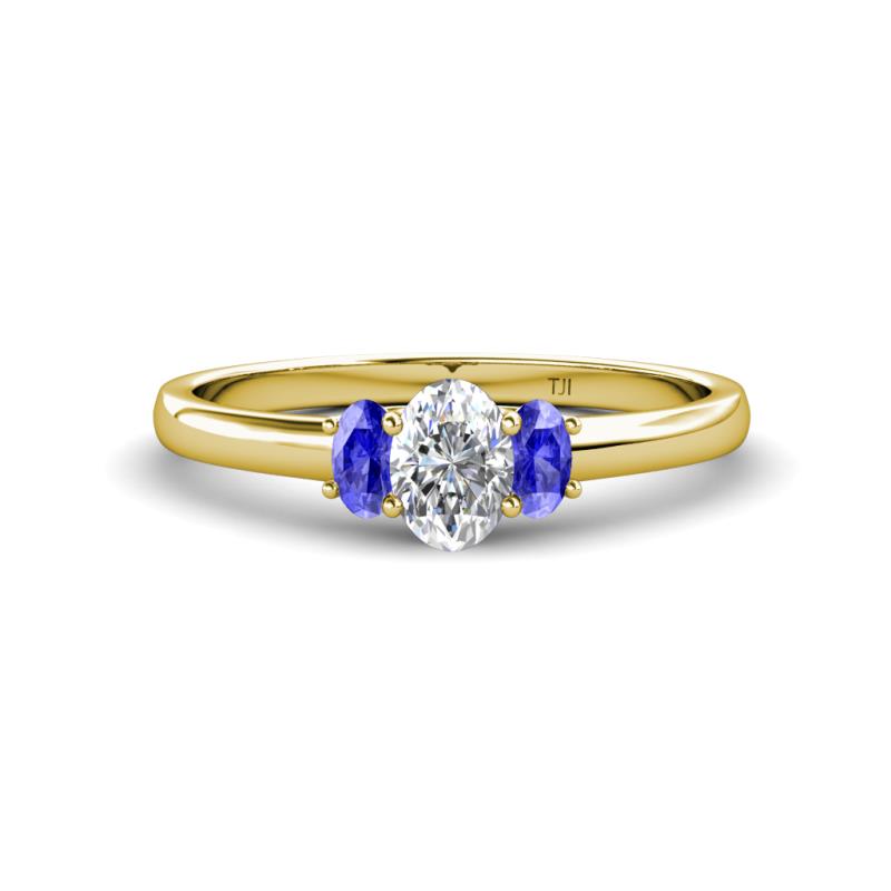 Gemma 7x5 mm Oval Cut Lab Grown Diamond and Tanzanite Trellis Three Stone Engagement Ring 