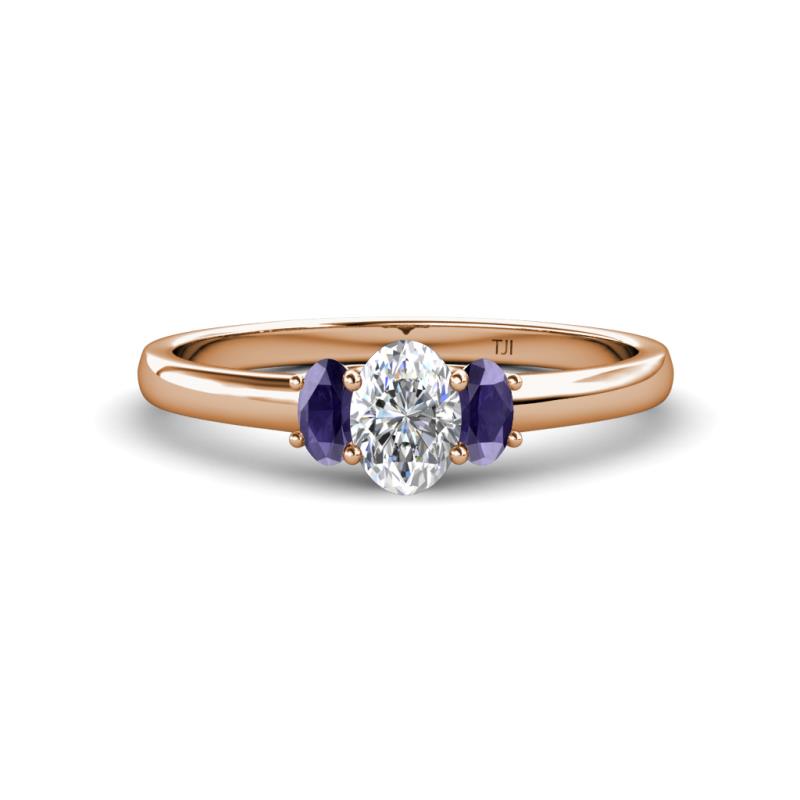 Gemma 7x5 mm Oval Cut Lab Grown Diamond and Iolite Trellis Three Stone Engagement Ring 