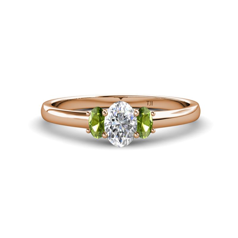 Gemma 7x5 mm Oval Cut Lab Grown Diamond and Peridot Trellis Three Stone Engagement Ring 
