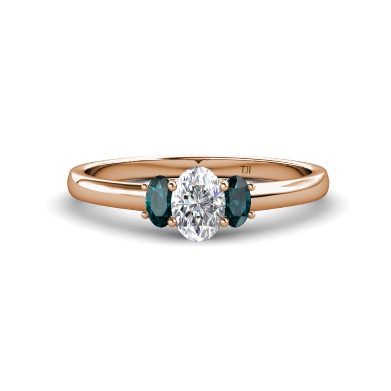 Gemma 7x5 mm Oval Cut Lab Grown Diamond and London Blue Topaz Trellis Three Stone Engagement Ring 
