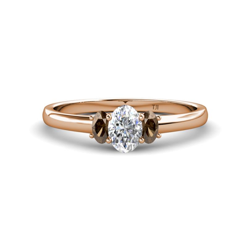 Gemma 7x5 mm Oval Cut Lab Grown Diamond and Smoky Quartz Trellis Three Stone Engagement Ring 