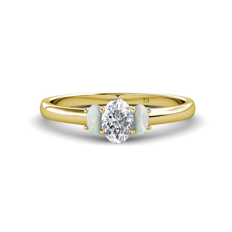 Gemma 7x5 mm Oval Cut Lab Grown Diamond and Opal Trellis Three Stone Engagement Ring 