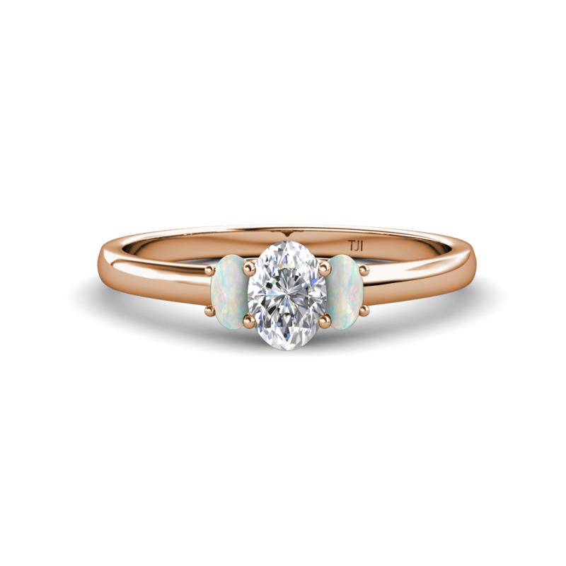 Gemma 7x5 mm Oval Cut Lab Grown Diamond and Opal Trellis Three Stone Engagement Ring 
