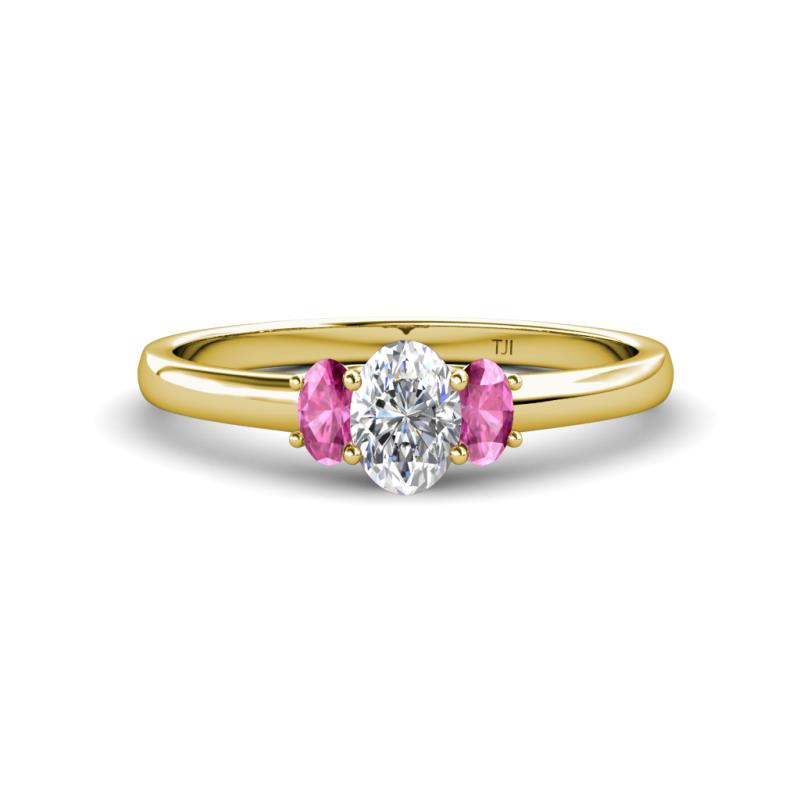 Gemma 7x5 mm Oval Cut Lab Grown Diamond and Pink Sapphire Trellis Three Stone Engagement Ring 