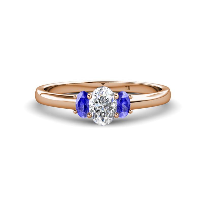 Gemma 7x5 mm Oval Cut Lab Grown Diamond and Tanzanite Trellis Three Stone Engagement Ring 