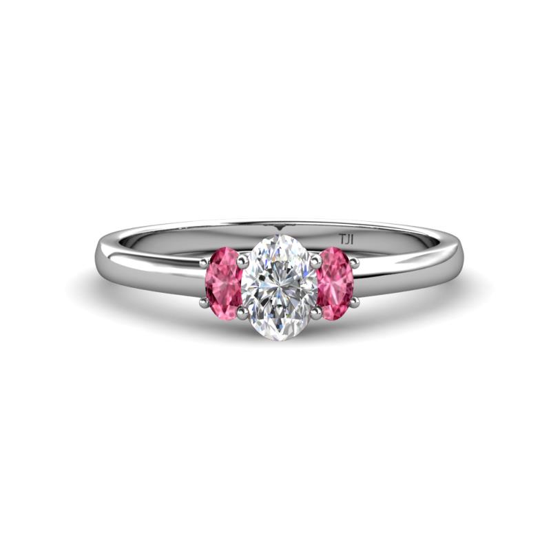 Gemma 7x5 mm Oval Cut Lab Grown Diamond and Pink Tourmaline Trellis Three Stone Engagement Ring 