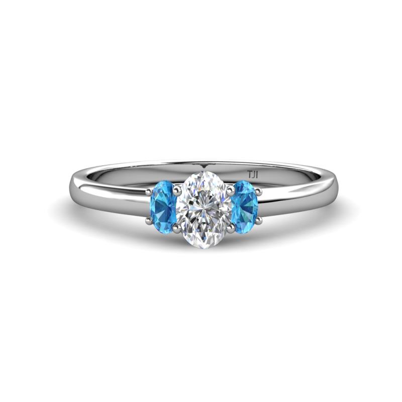 Gemma 7x5 mm Oval Cut Lab Grown Diamond and Blue Topaz Trellis Three Stone Engagement Ring 