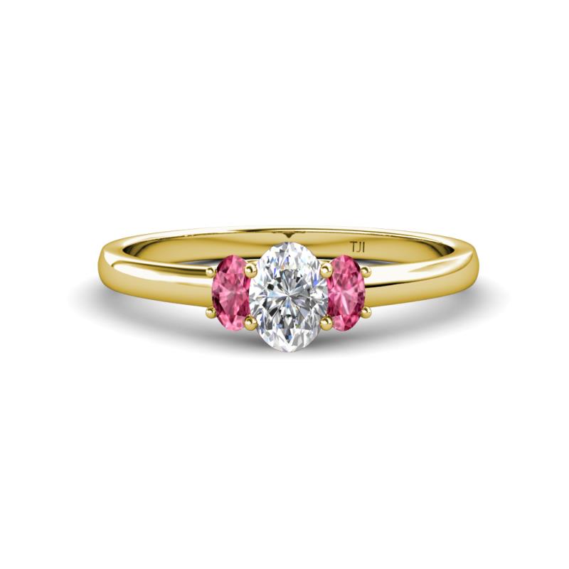 Gemma 7x5 mm Oval Cut Lab Grown Diamond and Pink Tourmaline Trellis Three Stone Engagement Ring 