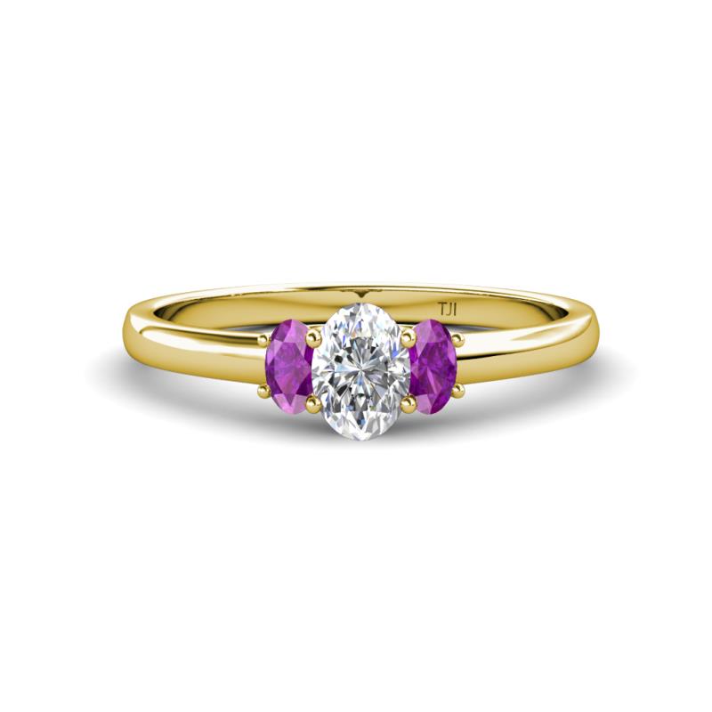 Gemma 7x5 mm Oval Cut Lab Grown Diamond and Amethyst Trellis Three Stone Engagement Ring 
