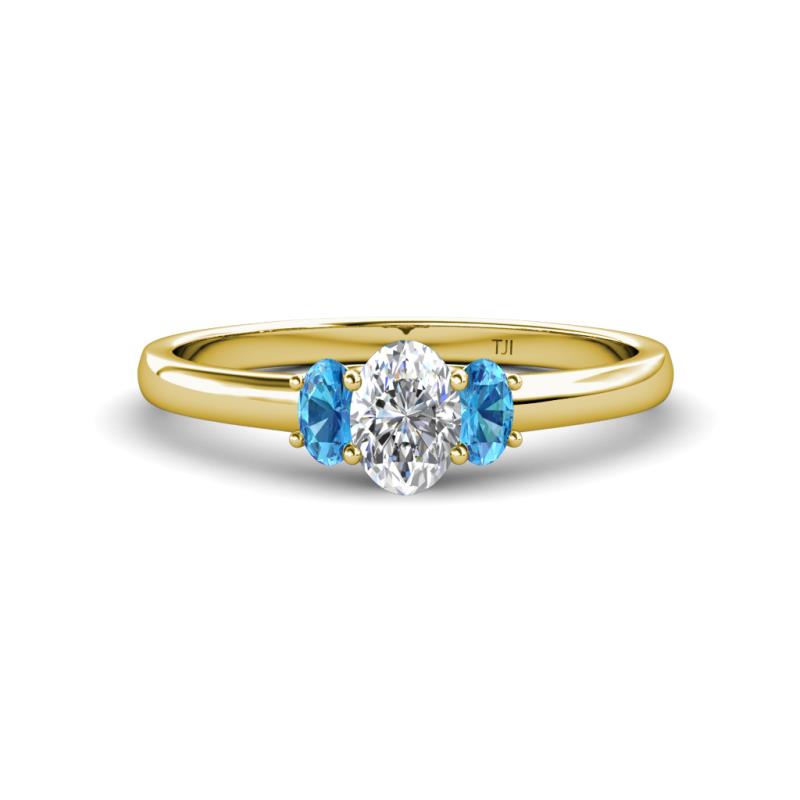 Gemma 7x5 mm Oval Cut Lab Grown Diamond and Blue Topaz Trellis Three Stone Engagement Ring 