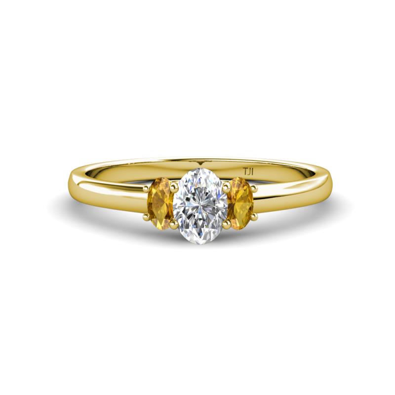 Gemma 7x5 mm Oval Cut Lab Grown Diamond and Citrine Trellis Three Stone Engagement Ring 