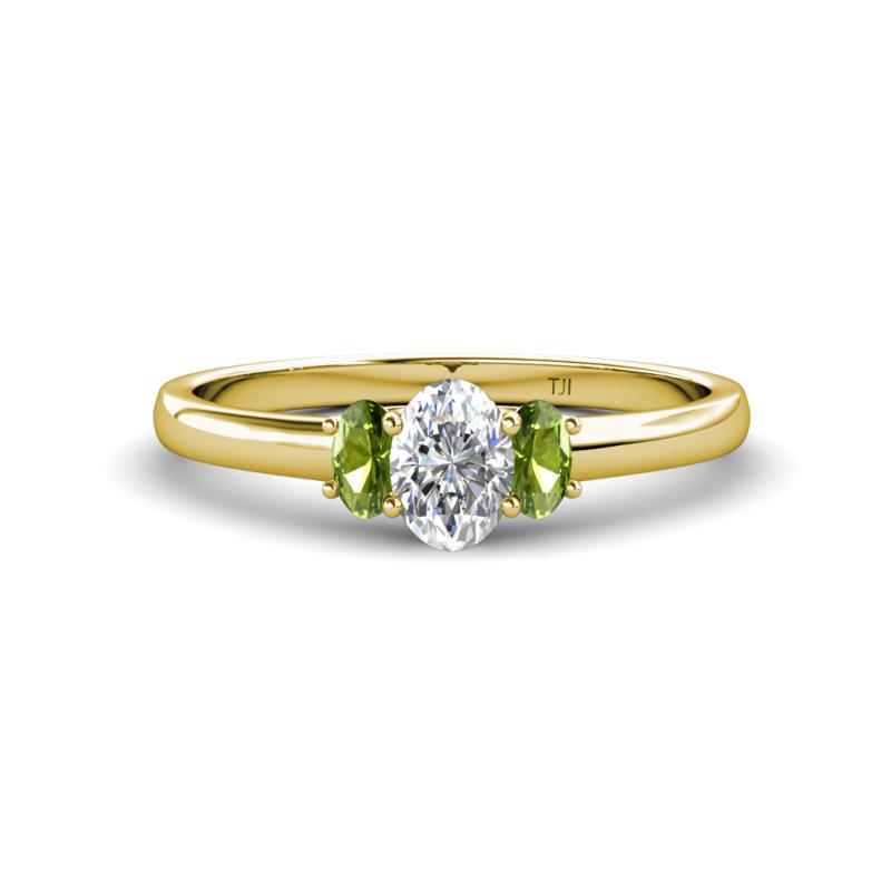 Gemma 7x5 mm Oval Cut Lab Grown Diamond and Peridot Trellis Three Stone Engagement Ring 