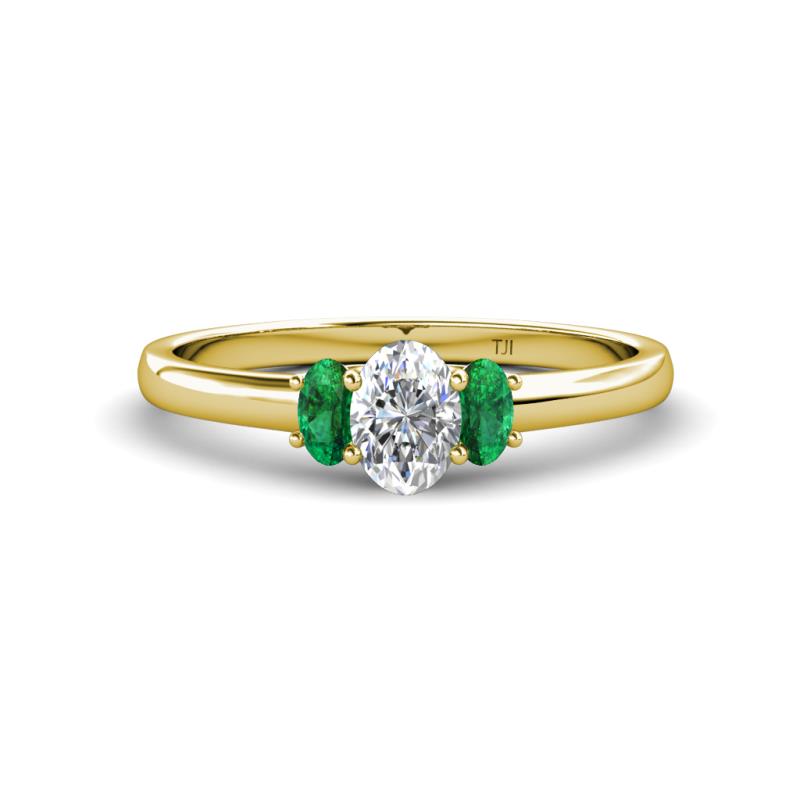 Gemma 7x5 mm Oval Cut Lab Grown Diamond and Emerald Trellis Three Stone Engagement Ring 