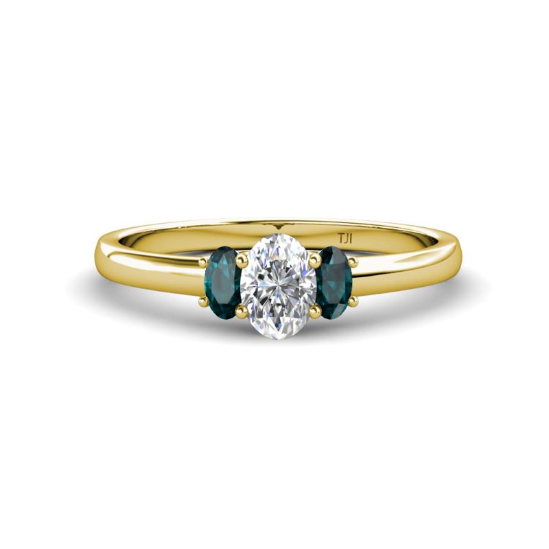 Gemma 7x5 mm Oval Cut Lab Grown Diamond and London Blue Topaz Trellis Three Stone Engagement Ring 