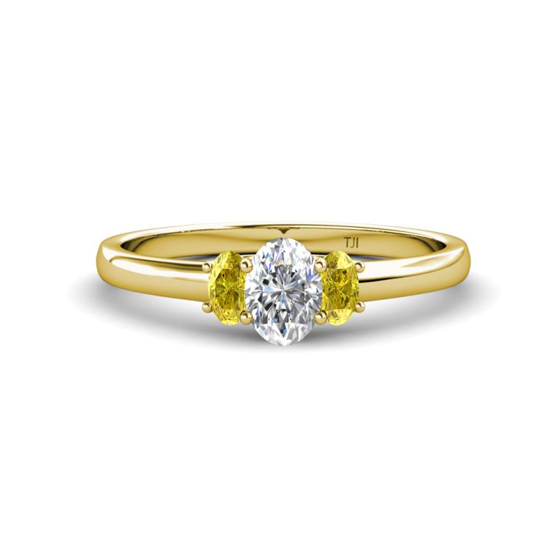 Gemma 7x5 mm Oval Cut Lab Grown Diamond and Yellow Sapphire Trellis Three Stone Engagement Ring 