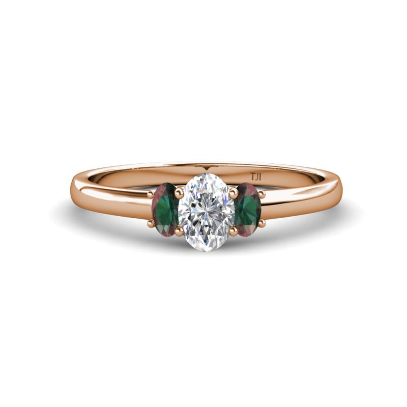 Gemma 7x5 mm Oval Cut Lab Lab Grown Diamond and Created Alexandrite Trellis Three Stone Engagement Ring 