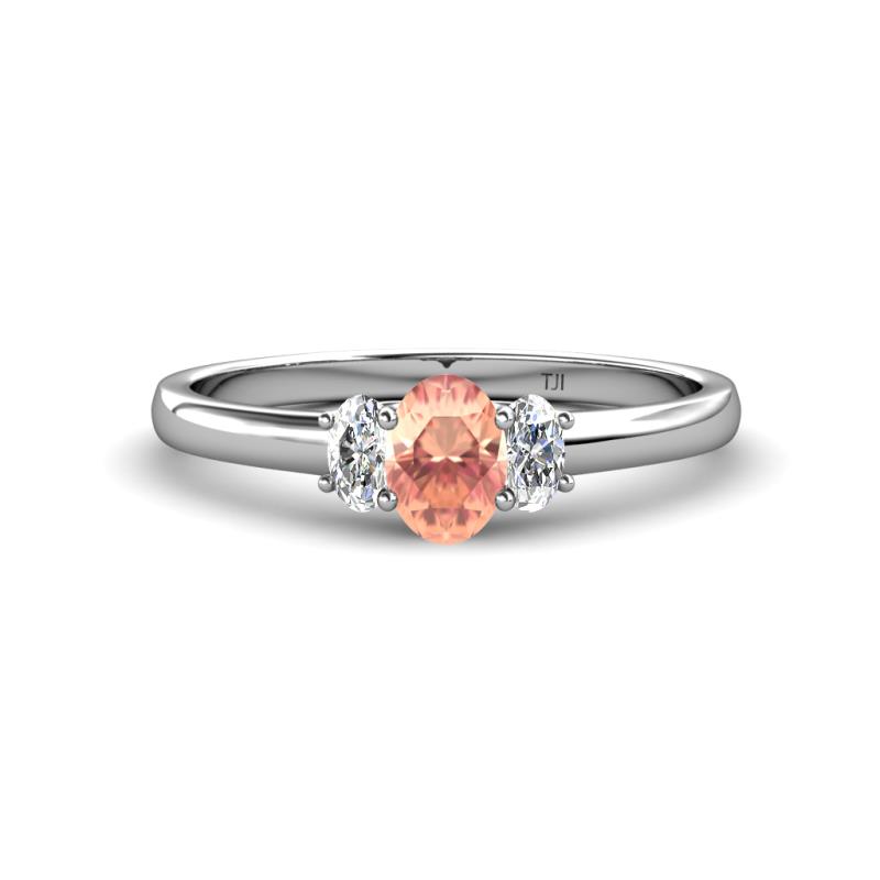 Gemma 7x5 mm Oval Cut Morganite and Lab Grown Diamond Trellis Three Stone Engagement Ring 