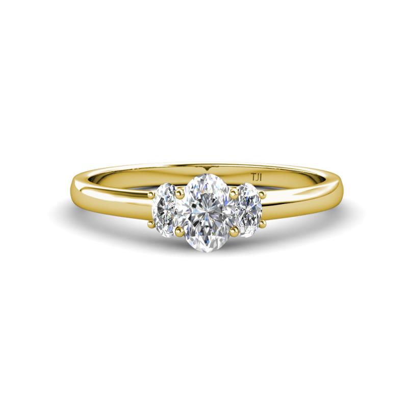 Gemma 7x5 mm Oval Cut Lab Grown Diamond Trellis Three Stone Engagement Ring 