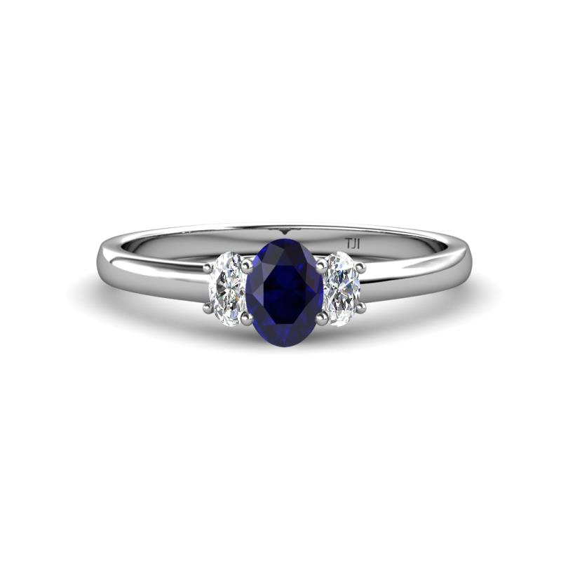 Gemma 7x5 mm Oval Cut Blue Sapphire and Lab Grown Diamond Trellis Three Stone Engagement Ring 