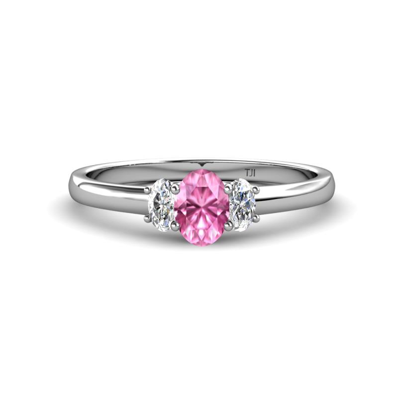 Gemma 7x5 mm Oval Cut Pink Sapphire and Lab Grown Diamond Trellis Three Stone Engagement Ring 