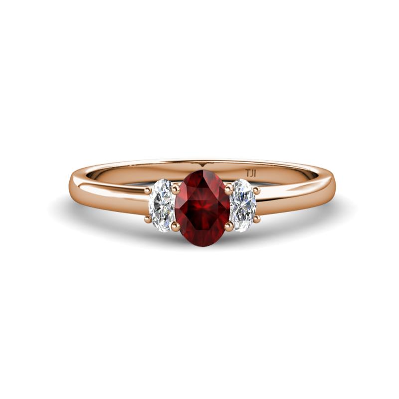 Gemma 7x5 mm Oval Cut Red Garnet and Lab Grown Diamond Trellis Three Stone Engagement Ring 