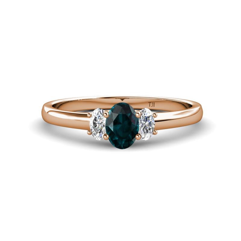 Gemma 7x5 mm Oval Cut London Blue Topaz and Lab Grown Diamond Trellis Three Stone Engagement Ring 