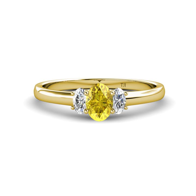 Gemma 7x5 mm Oval Cut Yellow Sapphire and Lab Grown Diamond Trellis Three Stone Engagement Ring 